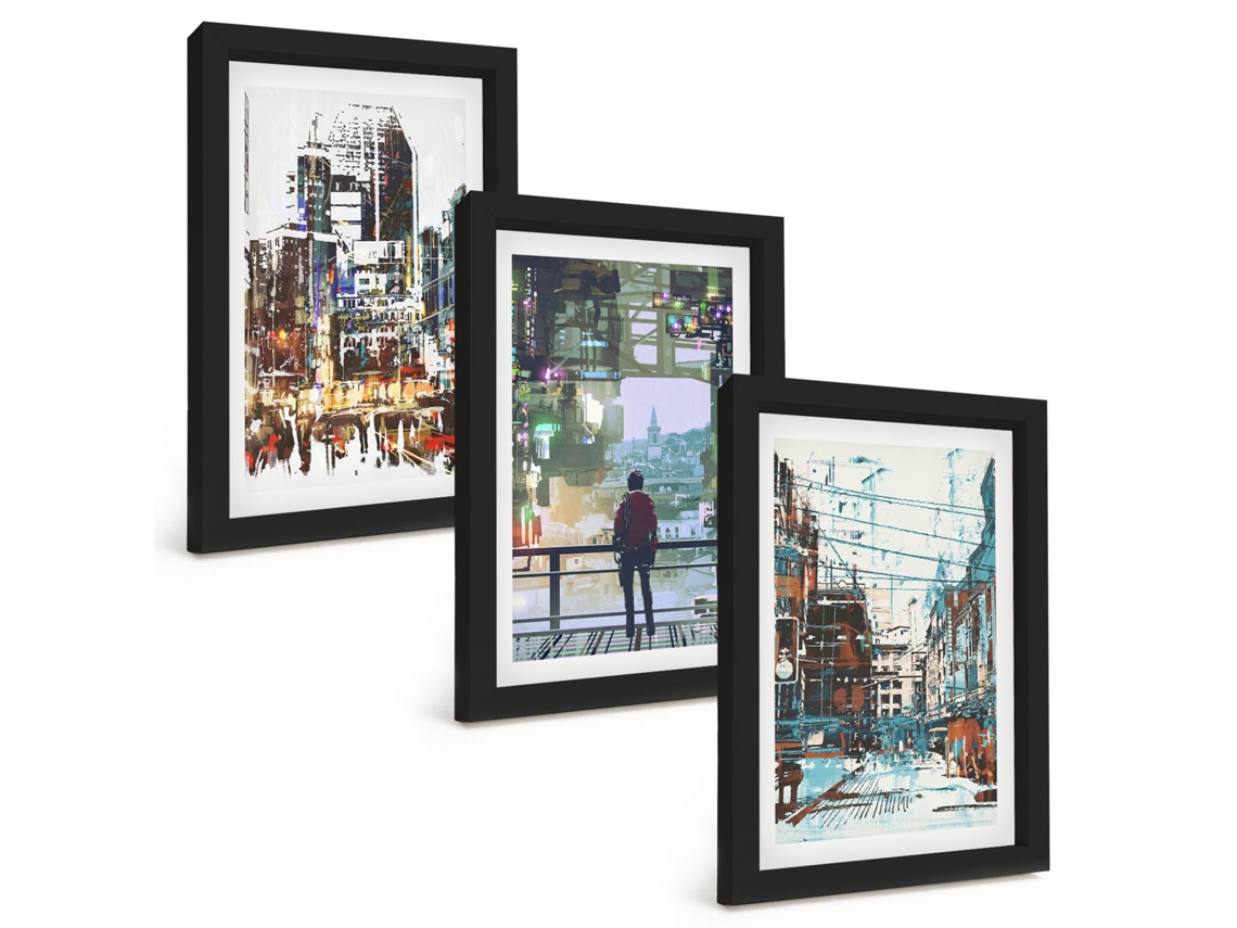 Composição De Quadros Cidades Modernas, Figuras Coloridas Espelharte (3 Peças 20x30 Cm)
