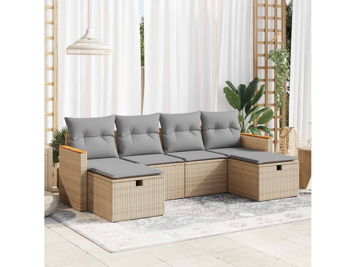 Vidaxl 6 Pcs Conjunto De Sofás P/ Jardim Com Almofadões Vime Pe Bege