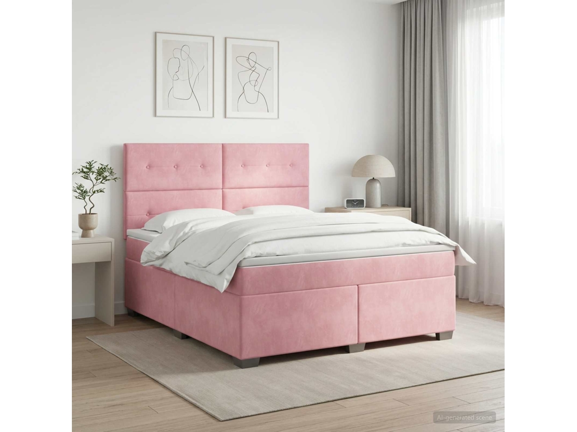 Vidaxl Cama Box Spring Com Colchão Rosa 160 X 200 Cm Veludo