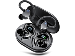Fones esportivos pretos Bluetooth 5.4, 68h, tela LED, 4 microfones, ANC, IP7, clipes, sem marca