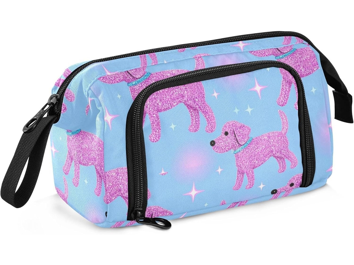 Estojo Grande com Compartimento para Lápis, Estampa de Cachorrinho Desenho Animado, Azul. 24 X 9,5 15 Cm
