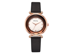 Relógio de Pulso Feminino de Quartzo com Pulseira de Couro Pu Quadro Dourado Rosa com Strass Preto