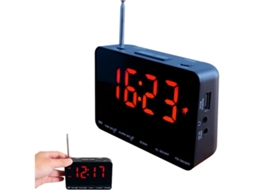 Rádio relógio Fm com Led de 5, 2 Polegadas, Entrada Auxiliar para Fones de Ouvido e Saída Usb BRILVIBERA (moldura Preta e Visor Vermelho)