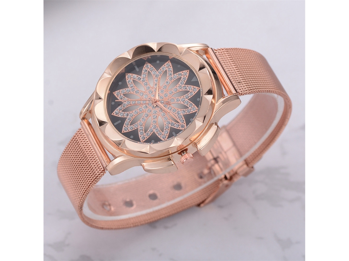Relógio Feminino de Quartzo com Strass Floral e Cinto de Malha Fashion Shinning