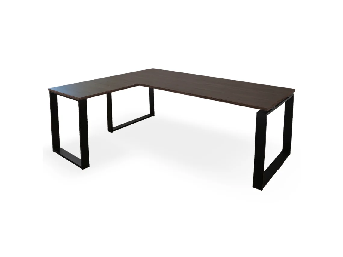 Escrivaninha De Canto Com Gavetas À Esquerda. Estrutura Fechada Em Metal Preto. 75 X 140 X 160 Cm. Nogueira. Ofilike