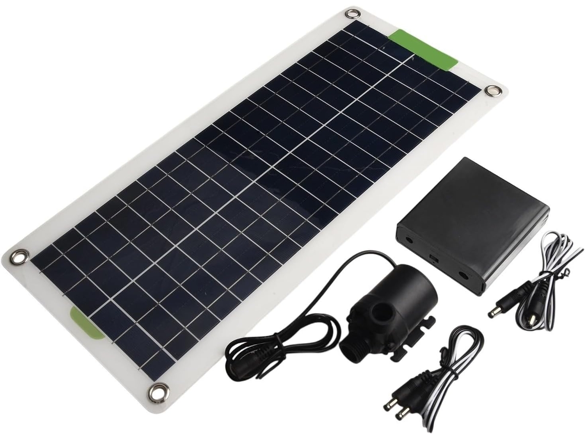 Bomba CC para Fonte, Lago e Elementos Externos. Kit de Água Solar 12V com Painel de 50W para Vazão de 800L/h.