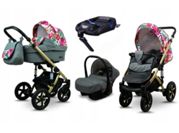 Carrinho de Bebé Multifuncional BABYLUX SKY LARK 4 Em 1 -Grey Flex Hibiscus GOLD FRAME - Ajustável e dobrável Construção leve em alumínio - Acessórios