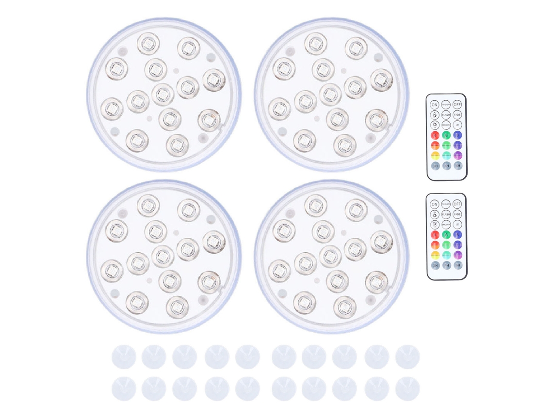 Luzes Led Submersíveis Para Piscina 4 Peças Ip68 Controle Remoto Imanes E Ventosas