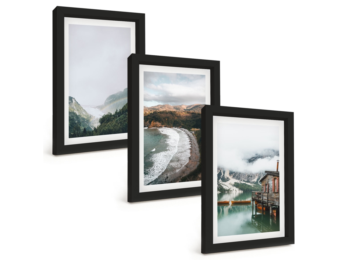 Galeria De Pinturas Muraismontanhas, Praia, Nuvens, Água Moldura Preta Fotos Para O Escritório Espelharte (3 Peças 20x30 Cm)