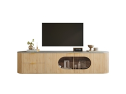 Móvel para TV moderno e minimalista com acabamento em madeira, portas com riscas verticais em 3D, vitrine oval em vidro Cinzento.