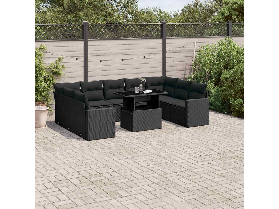 Vidaxl 10 Pcs Conjunto Sofás De Jardim C/ Almofadões Vime Pe Preto