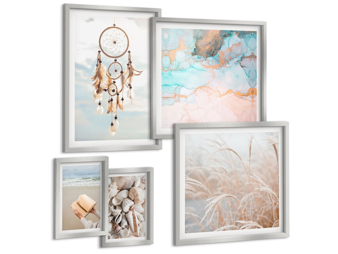 Conjunto De Pinturas Ruas, Mar, Praia, Cítricos Moldura Prateada Quadros Para O Escritório Espelharte (conjunto De 5 Imagens)