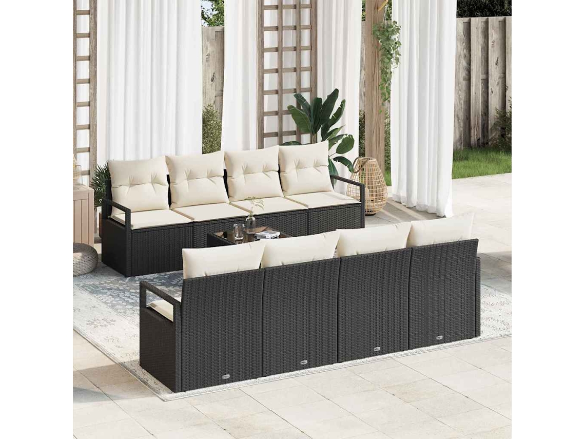 Vidaxl Conjunto De Sofás Com Almofada 7 Pcs Preto E Creme Vime Pe