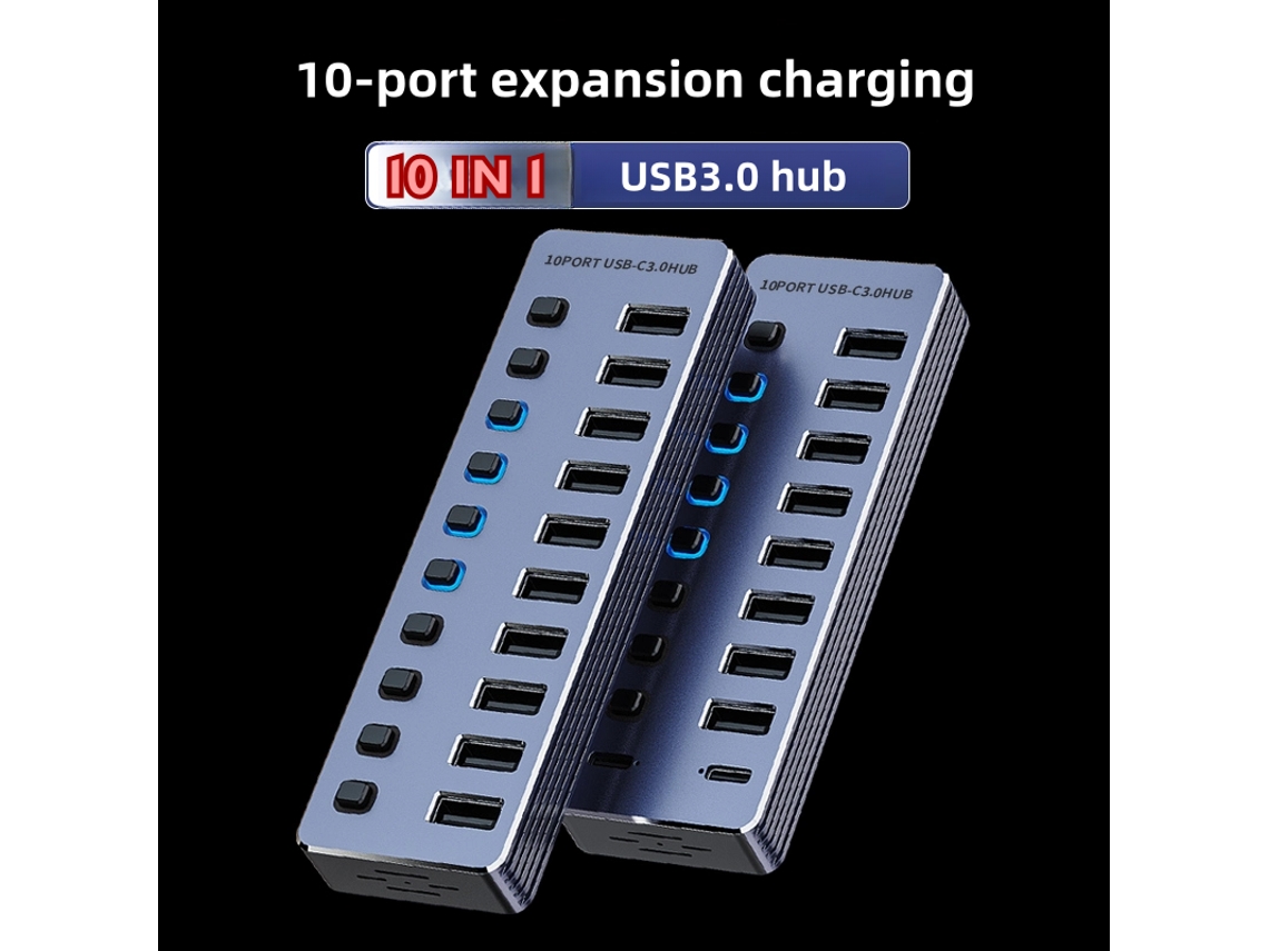 Yizhood USB Hub 3.0 10 portas portátil super velocidade 5 Gbps várias portas USB interruptores adaptador de energia para PC cinza