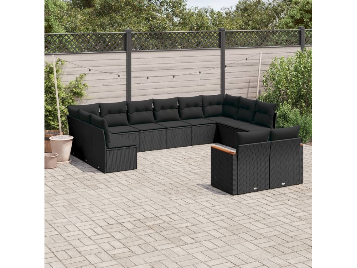 Vidaxl 12 Pcs Conjunto De Sofás De Jardim C/ Almofadões Vime Pe Preto