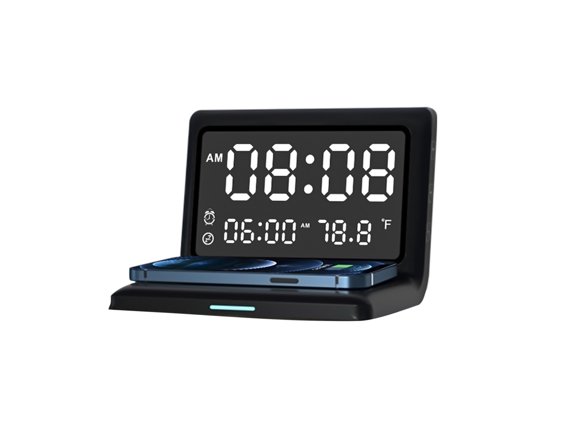 Despertador digital Baok com carregamento sem fio, 15 W, ajustável, em tecido, com carregamento USB para mesa de escritório.