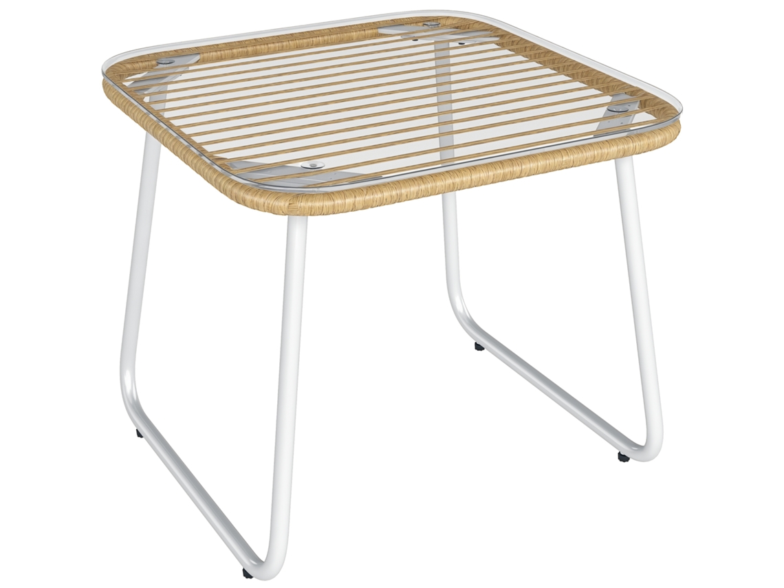 Mesa Rattan Vidro Pés Ajustáveis 50x50x44cm Natural
