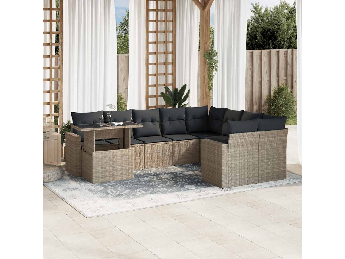 Vidaxl 10 Pcs Conj. Sofás Jardim Com Almofadões Vime Pe Cinzento-claro