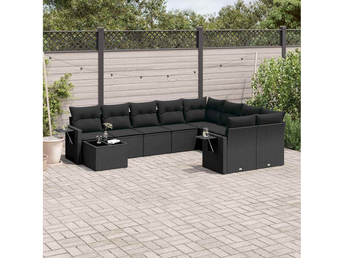 Vidaxl 10 Pcs Conjunto Sofás De Jardim C/ Almofadões Vime Pe Preto