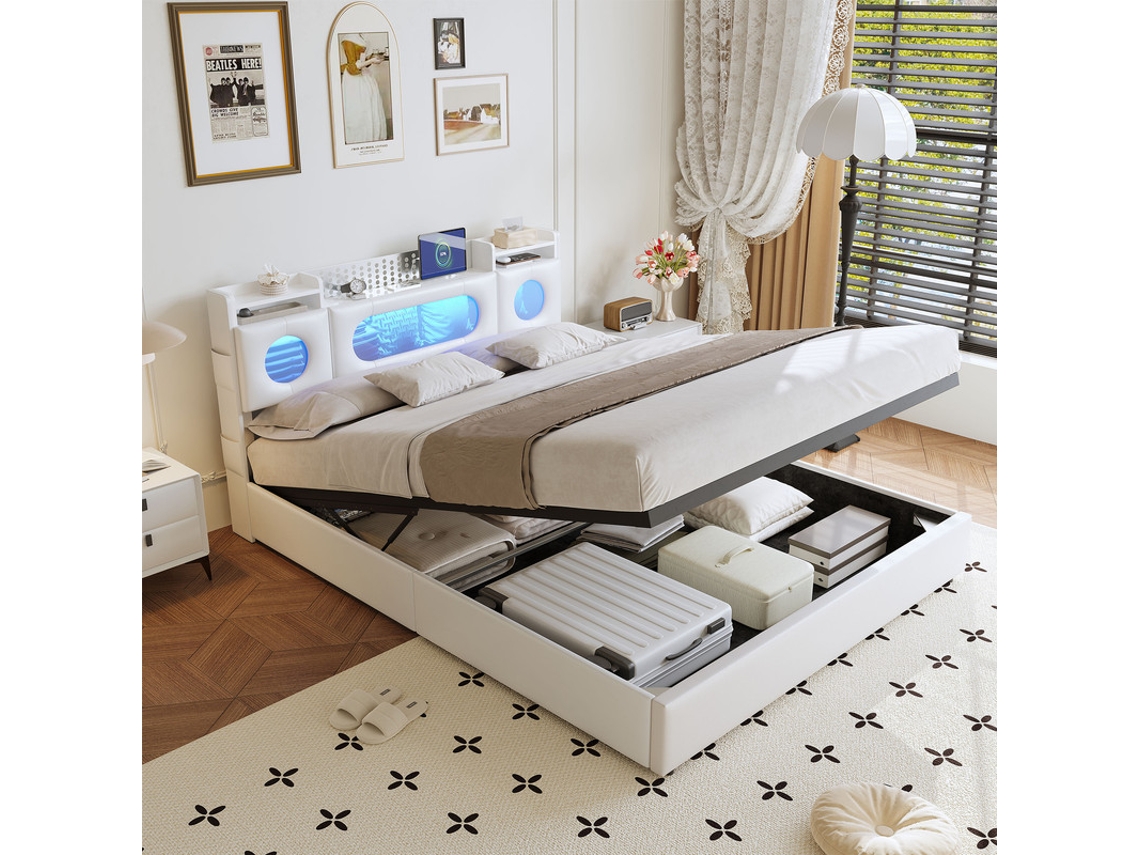Cama De Casal 160x200 Cm Com Arrumação, Cama Moderna Branca De Gás Com Luz Led Rgb, Carga Usb/type-c, Pu E Linho, Cama Para Quarto Grande