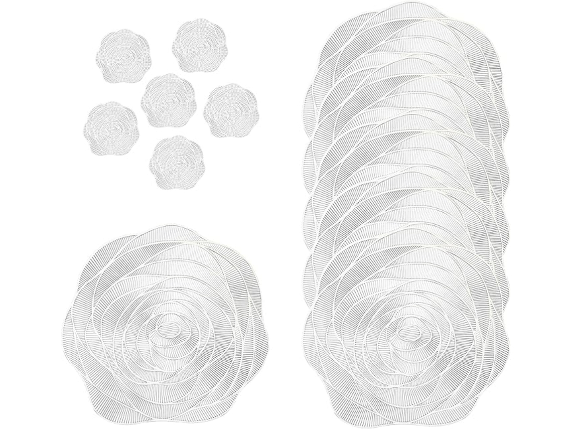Conjunto de 6 porta-copos em PVC prateado - Estampa de rosas - 38 x 38 cm