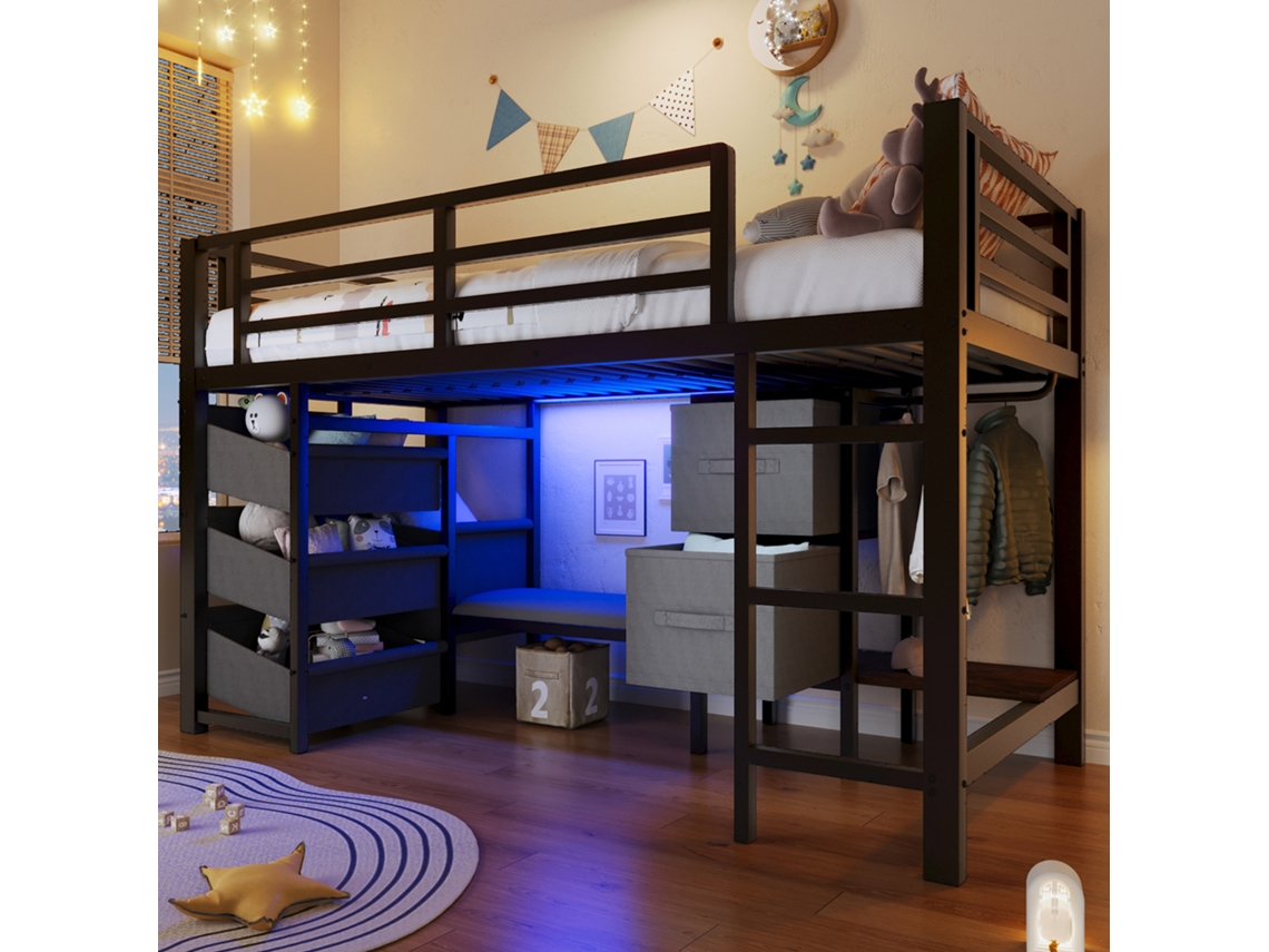 Cama Meia Altura 90x200 Cm Com Estojo Bolsa Led Ganchos Preto Sem Colchão