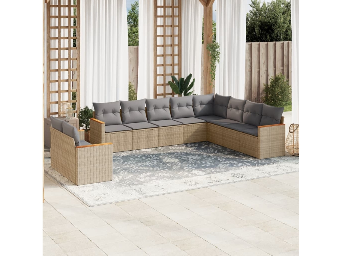 Vidaxl 10 Pcs Conj. Sofás Jardim C/ Almofadões Vime Pe Bege Misturado