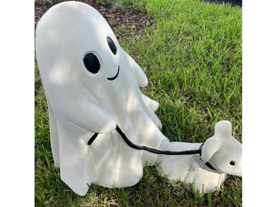 Lurelia Fantasma Com Cachorro Halloween Fofo Em Resina Branco Para Jardim, Casa E Festa
