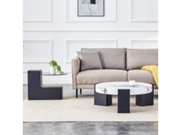 Mesa Lateral 2 Níveis, Tampo Vidro Cinza + Mdf Preto L, Aparência Mármore, Desmontável.-hw