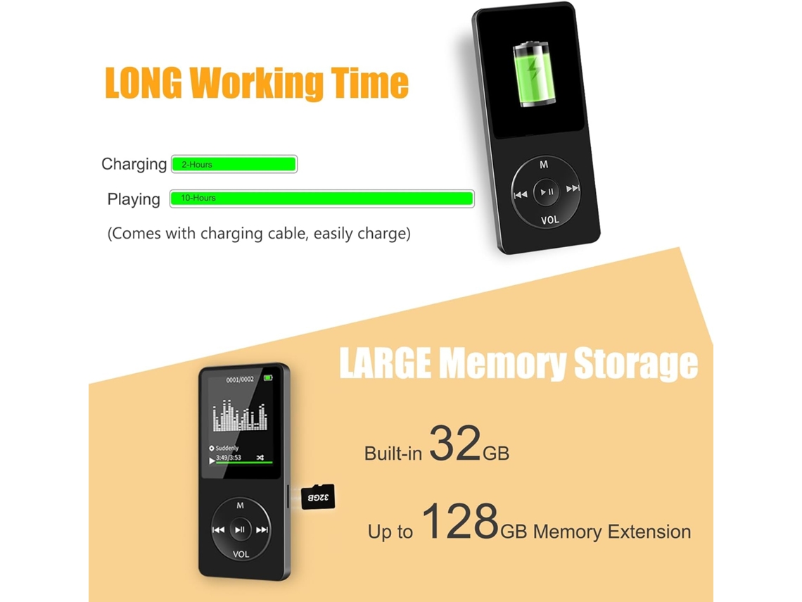 Mp3 32gb Bluetooth 5.3 com Altifalante HEXINYIGJLY preto, rádio, cartão até 128gb, gravador, auscultadores