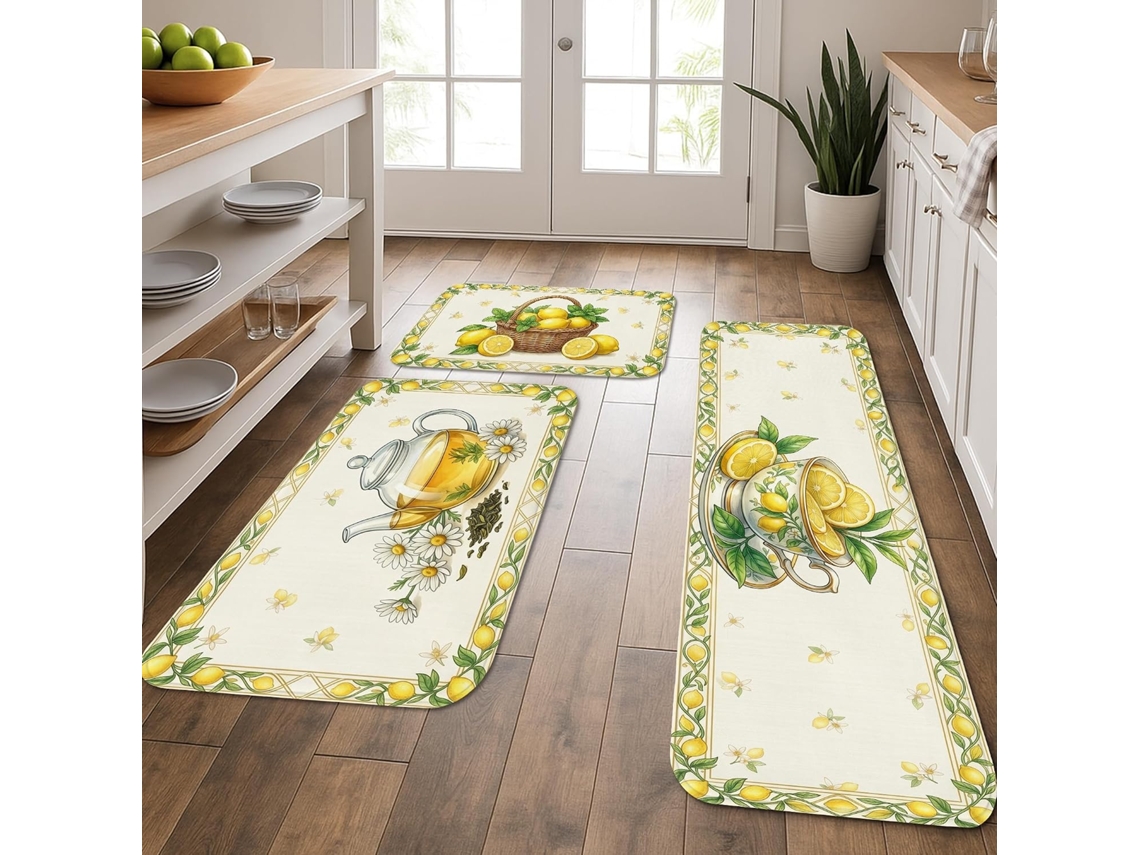 Tapetes de cozinha com estampa floral Limão, tapetes lisos com design botânico clássico, acolchoados com molas.