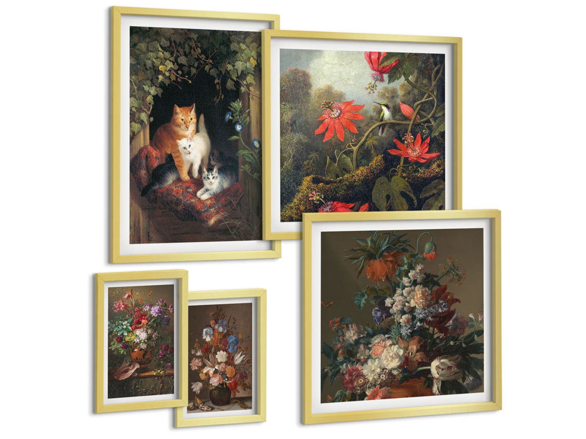 Pinturas Murais Modernas Padrões De Plantas Em Bege E Verde Moldura Prateada Fotos Para O Escritório Espelharte (conjunto De 5 Imagens)