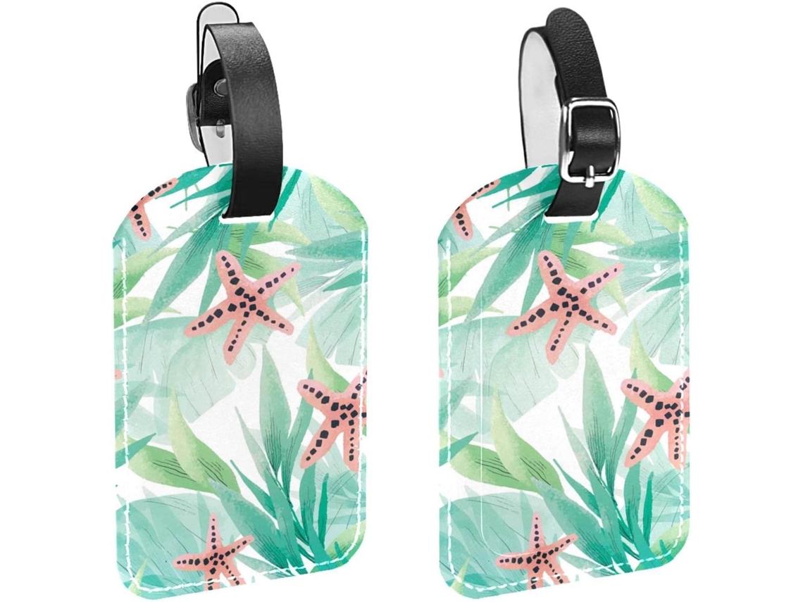 Conjunto De 2 Etiquetas Bagagem Com Alça Segurança, Estampa De Folha Tropical, Verde