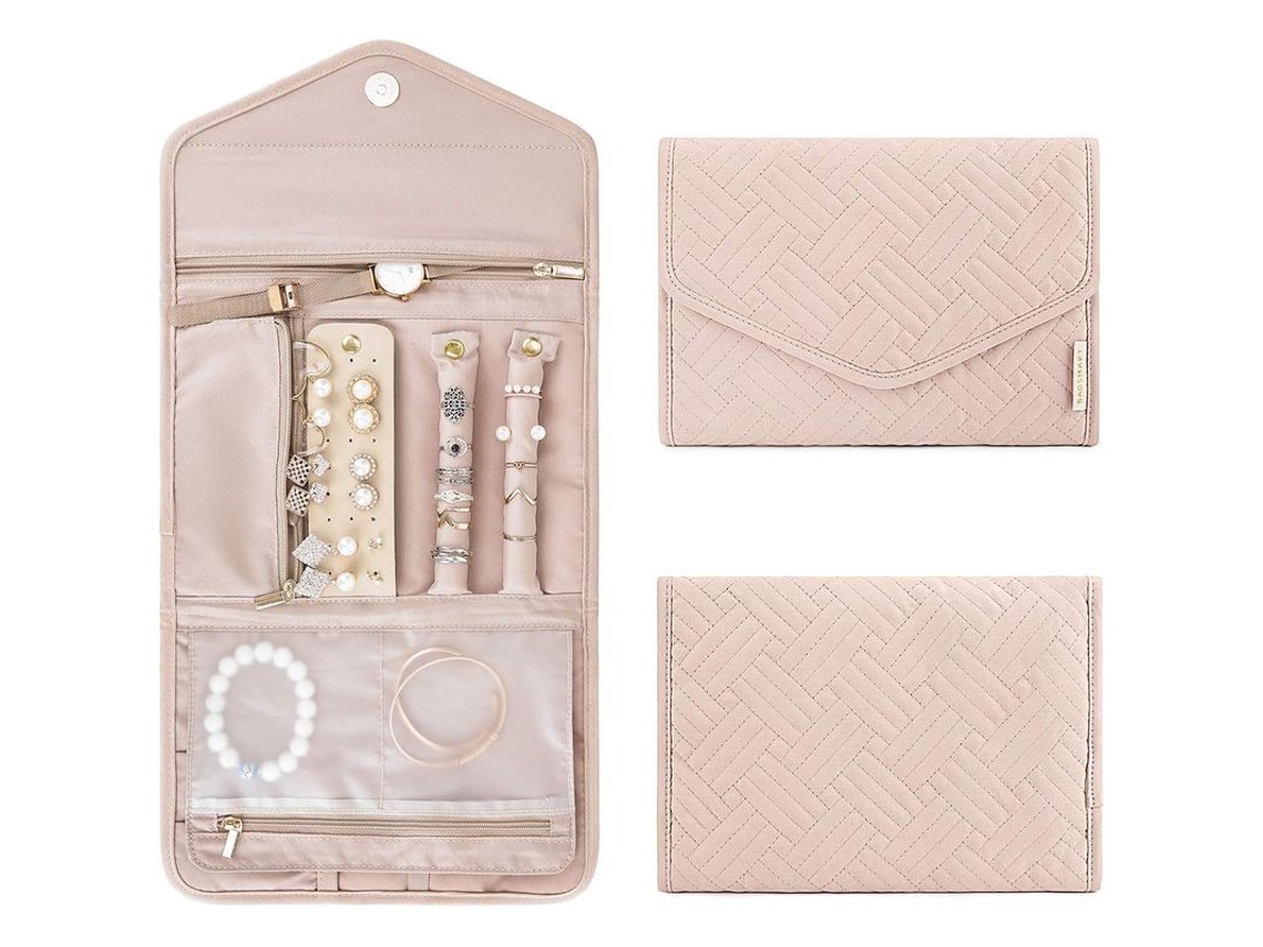 2026-organizador De Joyas Plegable Roll, Estuche De Joyería Color Rosa Suave, 5 Compartimentos