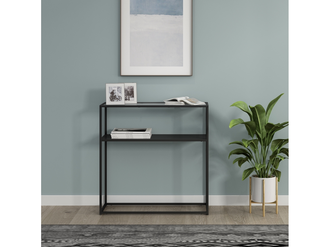 Tabela de console Kuhmo com painel de vidro com prateleira adicional/metal 80 x 80 x 30 cm preto [EN.CASA]