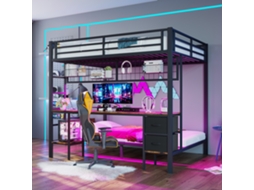 Cama Elevada Aço 90x200/140x200 Gavetas Led Usb Preta Sem Colchão