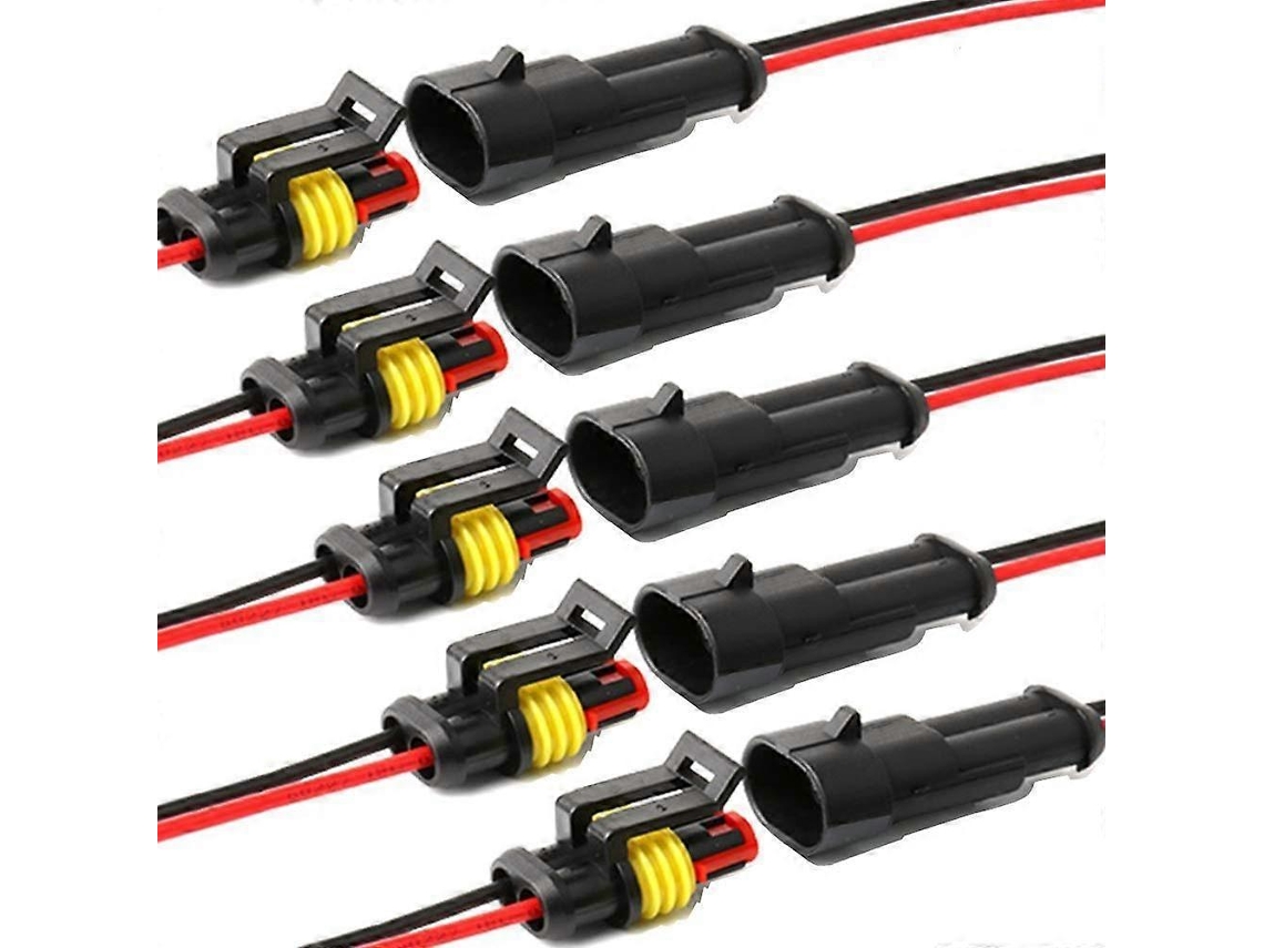 Conector Impermeável de 2 Pinos com Cabo 16 Awg Auto bloqueante para Carro, Barco, Moto 5 Peças