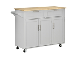 Carrinho de Cozinha com Rodas, 2 Gavetas e 3 Portas BTFORUS (121x46x91cm) Cinza e Madeira