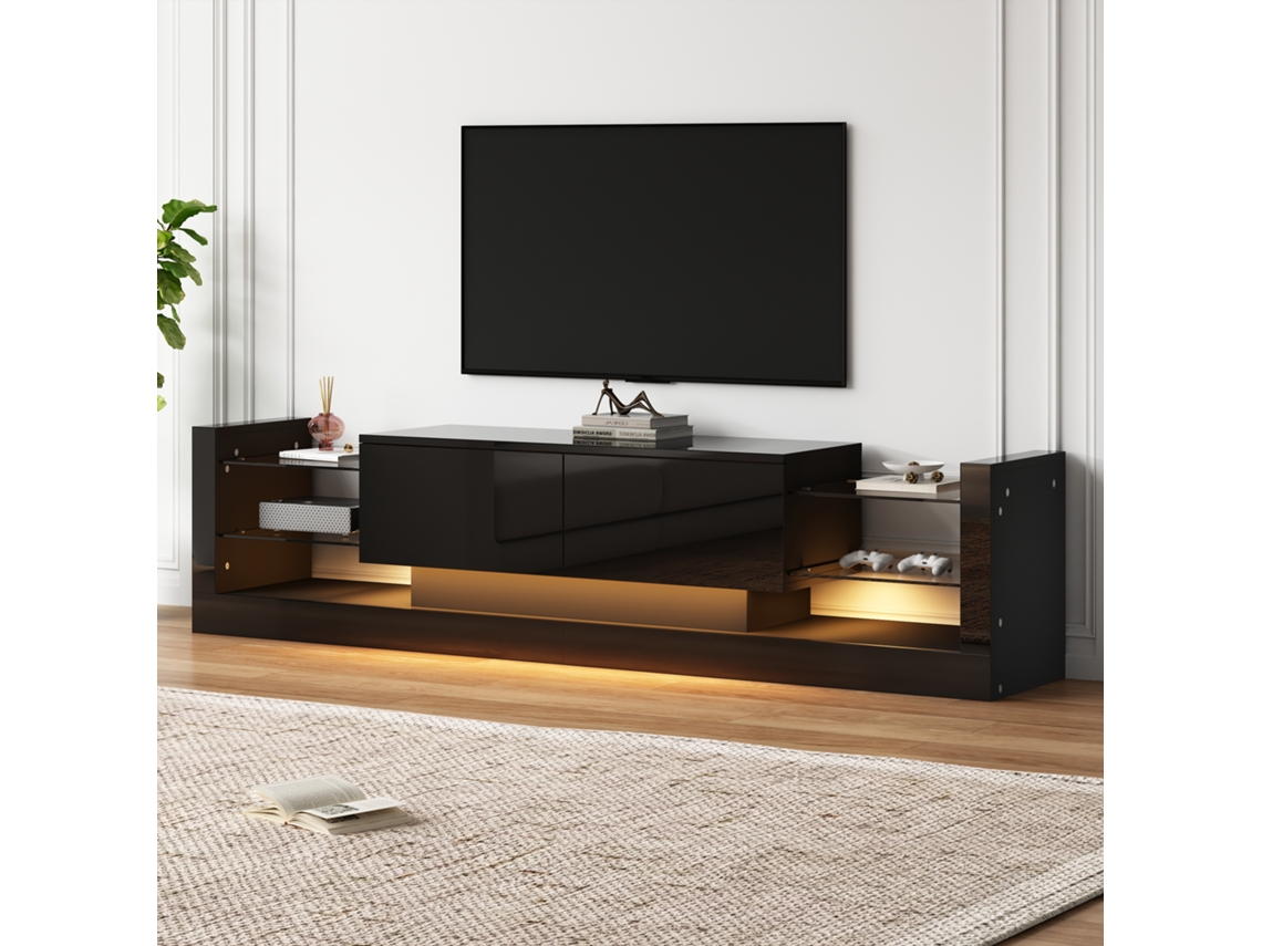 Móvel Para Tv Preto Brilhante Com Led, 181 Cm, Frente Em Vidro E 2 Gavetas Rebatíveis, Até 80 Polegadas