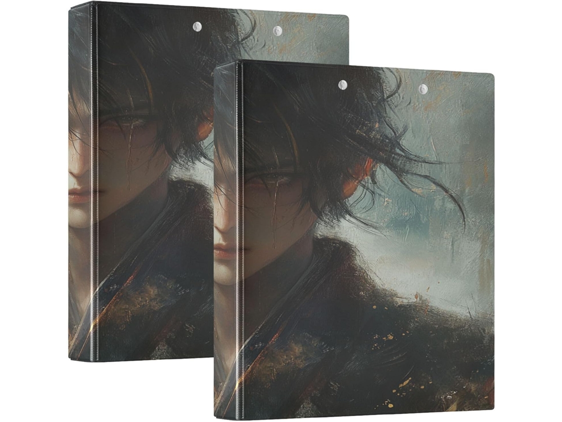Pasta escolar de 3,8 cm com 3 argolas, bolsos internos e tema de jogos de anime, com estampa de samurai japonês.