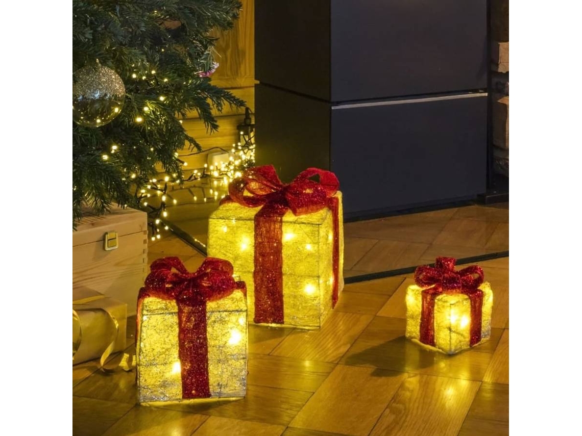 HI Caixa presente de natal com fitas vermelhas e luzes LED 3 pcs