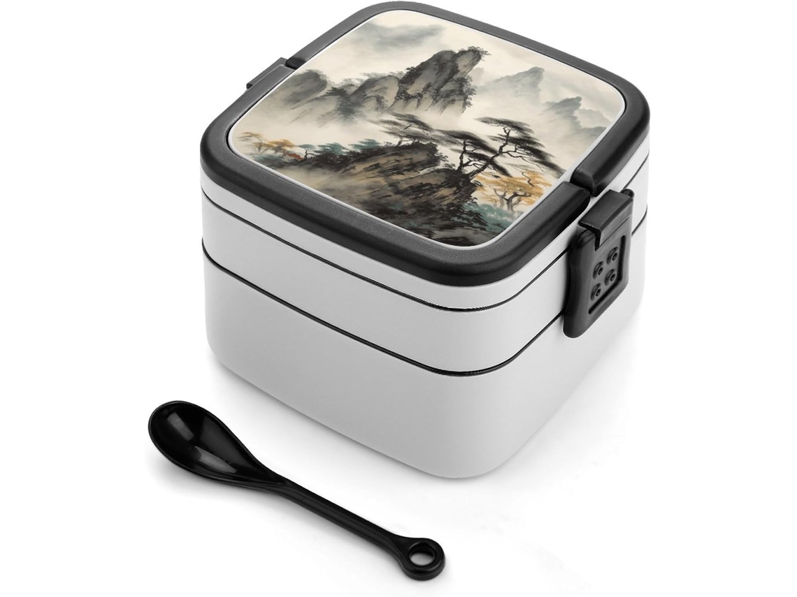 Marmita Bento De Camada Dupla, Recipiente Hermético De 1 Litro Com Colher, Estampa De Paisagem Chinesa, Alça E Ideal