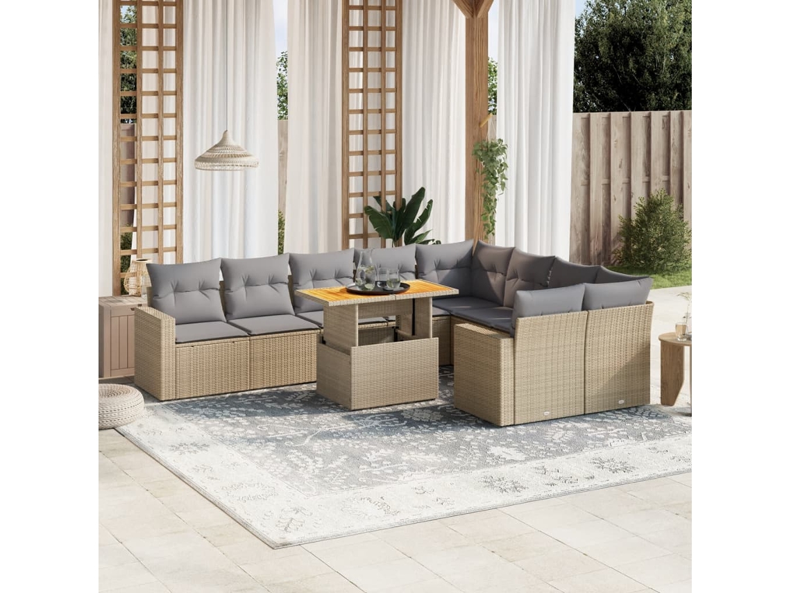 Vidaxl 10 Pcs Conjunto De Sofás P/ Jardim Com Almofadões Vime Pe Bege
