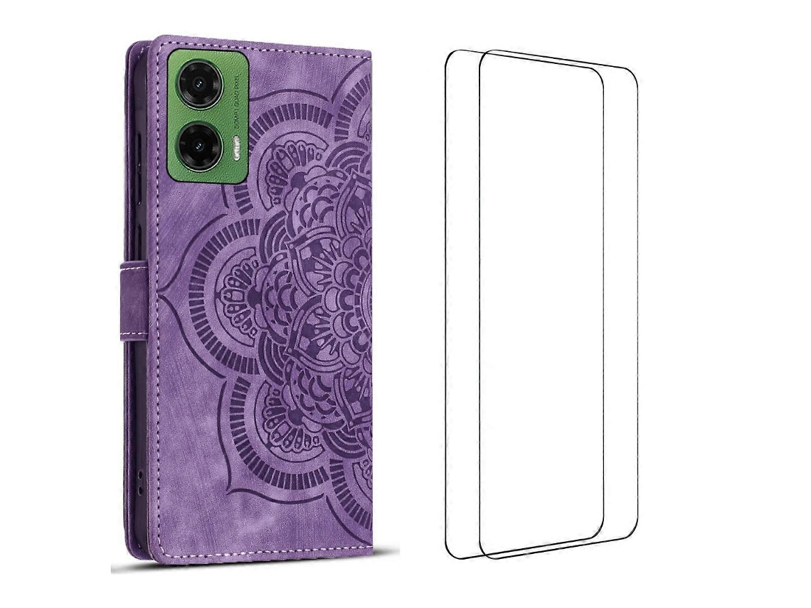Capa Tkdaddy Para Motorola Moto G35 5g Com 2 Peças De Vidro Temperado Wanlonfeng Mtl Series Mandala Couro Capa De Telefone Roxa