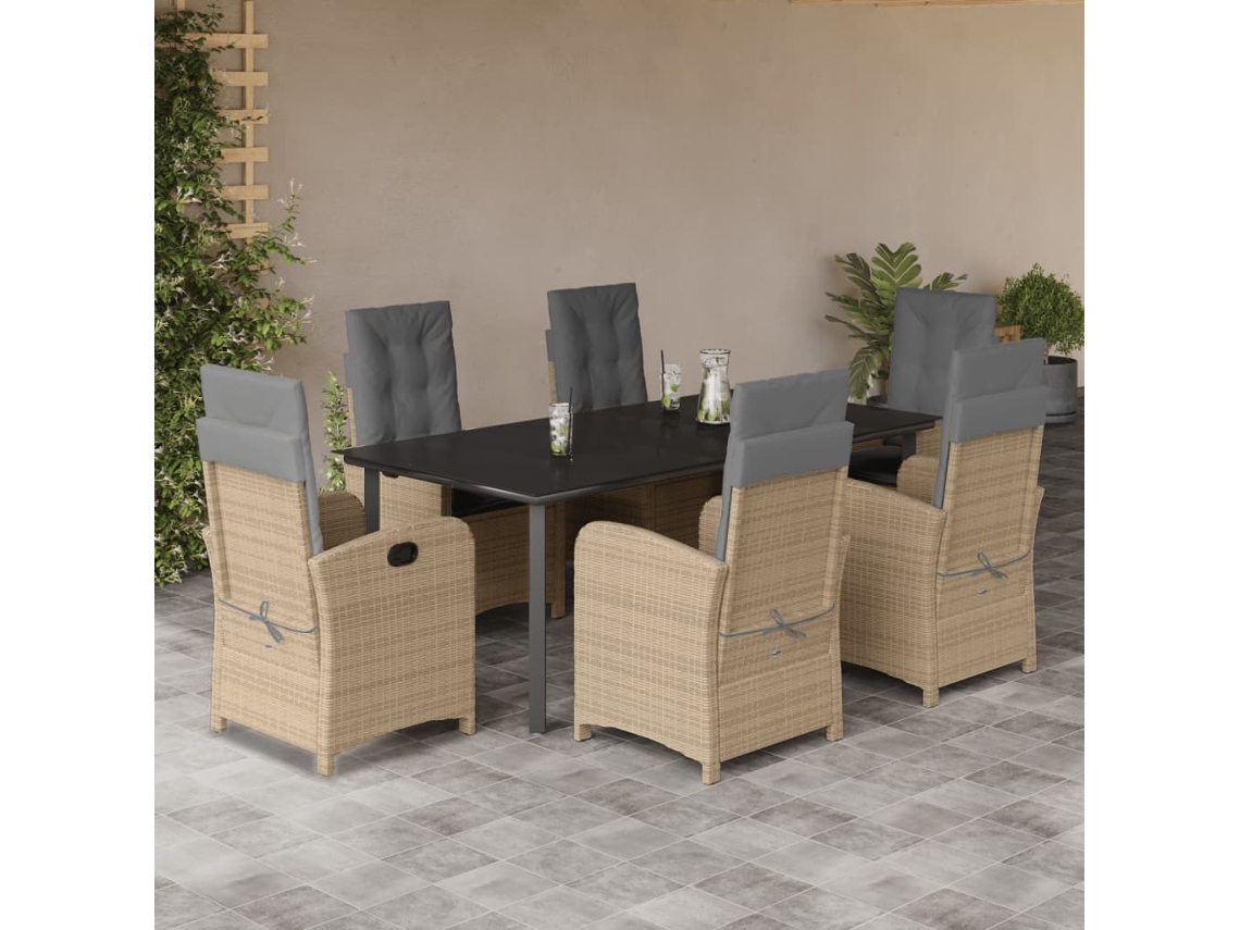 Conjunto 7 Peças Jantar Jardim C/ Almofadões Vime Pe Bege Misturado Dkd Home Decor