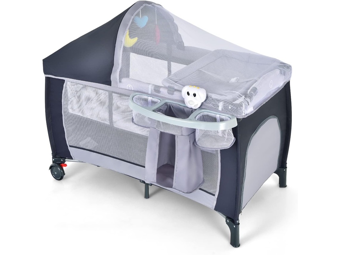 Berço 4 em 1 para Crianças com Bolsos Porta Lateral com Fecho de Correr Brinquedos e Carrilhão/Centro de Actividades Portátil para Cinzento COSTWAY