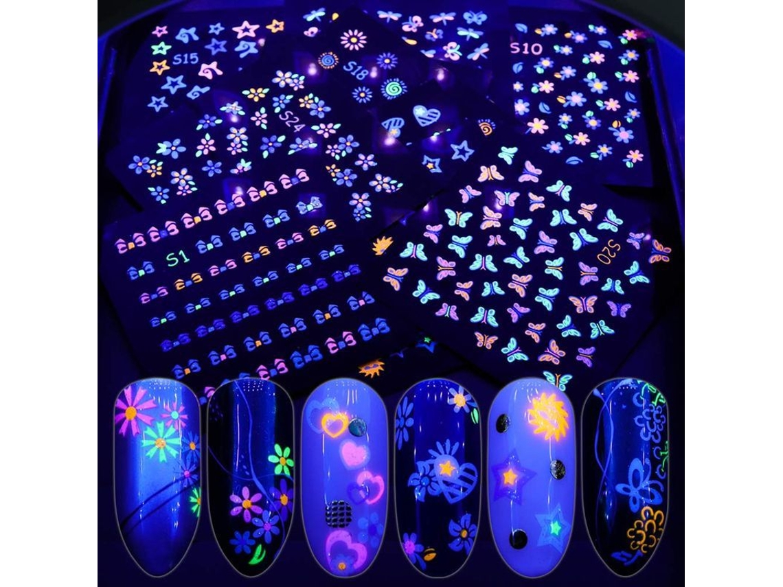 24 Folhas de Adesivos de Unhas Fluorescentes 3d Autoadesivos Padrões Borboleta Flor Fruta Diy