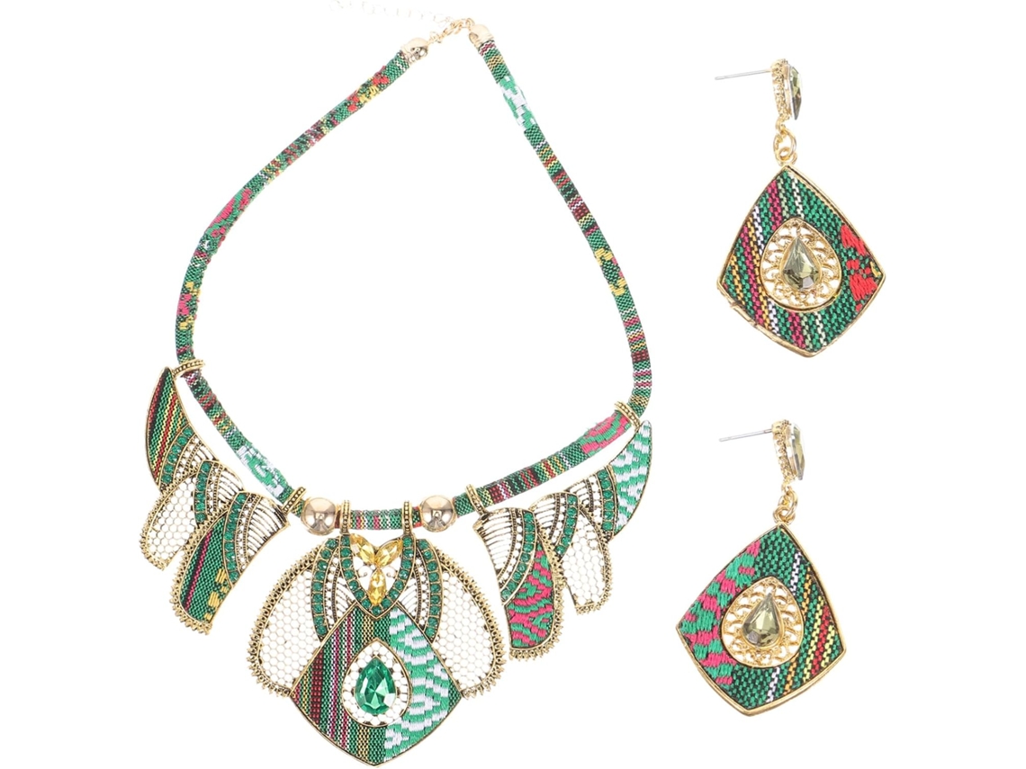 De Joias Boêmias Femininas: Colar, Pingente E Brincos Vintage Verdes.