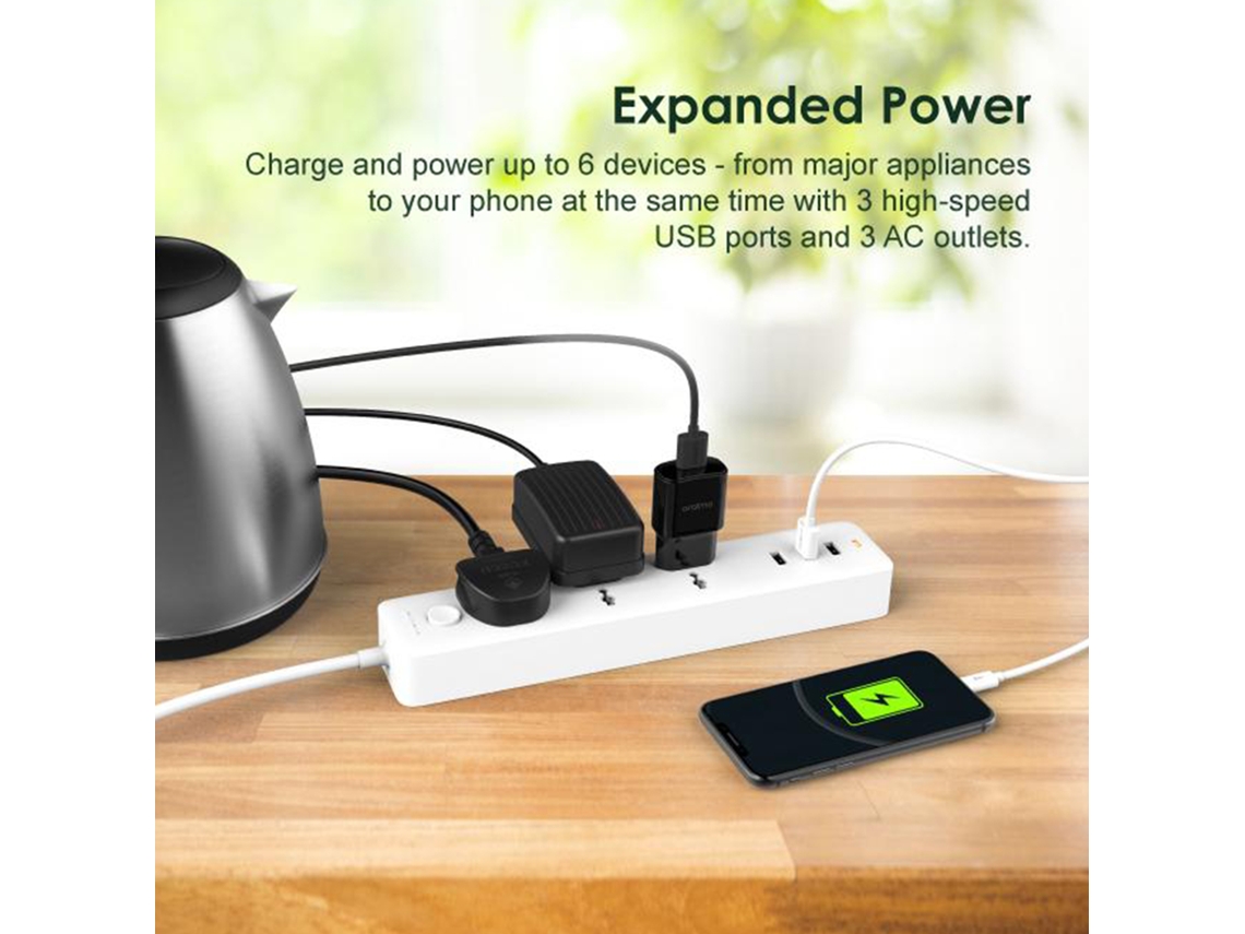 Power Strip EOOCOO com 3 tomadas e 3 portas USB