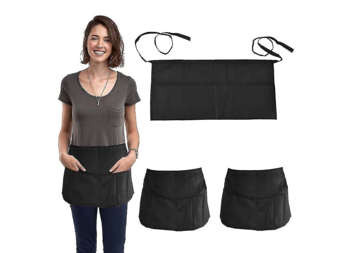 Avental De Cintura Meia Com 3 Bolsos Espaciosos, Material Gabardina, Lavável Na Máquina, Unissex, 3 Unidades Preto